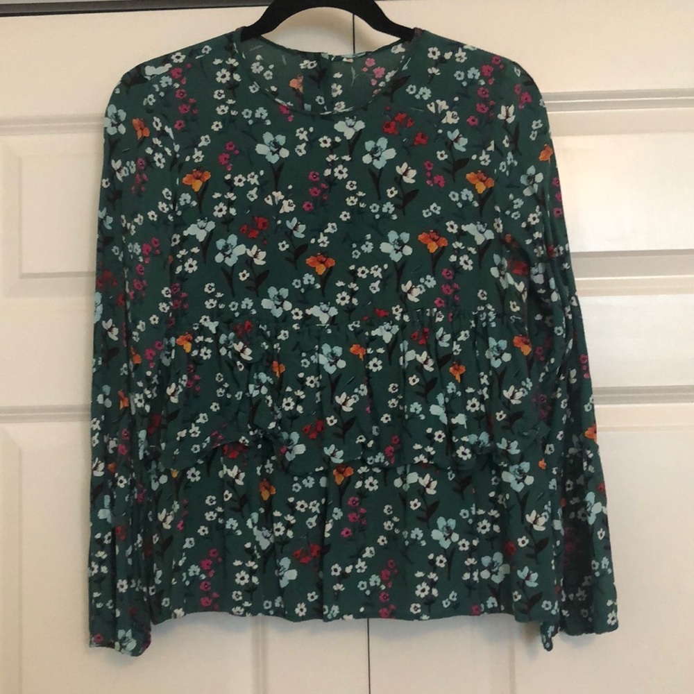 Zara multi-green, floral long-sleeve blouse